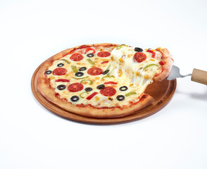 Pizza, melted cheese ,sliced and pulled with spatula