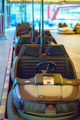 Abandoned bumper cars at an amusement park.