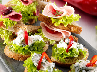 appetizer, appetizers, bread, breakfast, bruschetta, canapes, cheese, chicken, cream, cream cheese, decorated, delicatessen, delicious, diet, dressing, eating, food, fresh, gourmet, green, ham, health