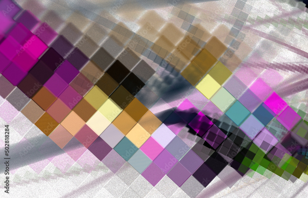 Poster Multi-colored cells are stacked in rows and located diagonally to the background. Colorful abstract fractal checkered background. 3d rendering. 3d illustration.