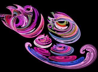 Colorful spiral swirls on a black background. Abstract fractal background. 3d rendering. 3d illustration.