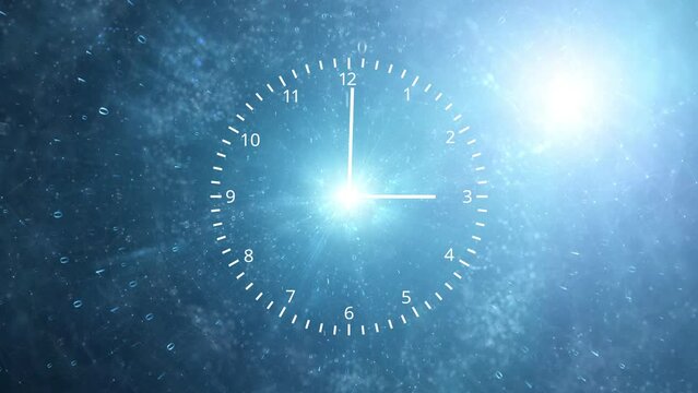 Infinity digital technology time looping clock on artistic glowing light animation background.	
