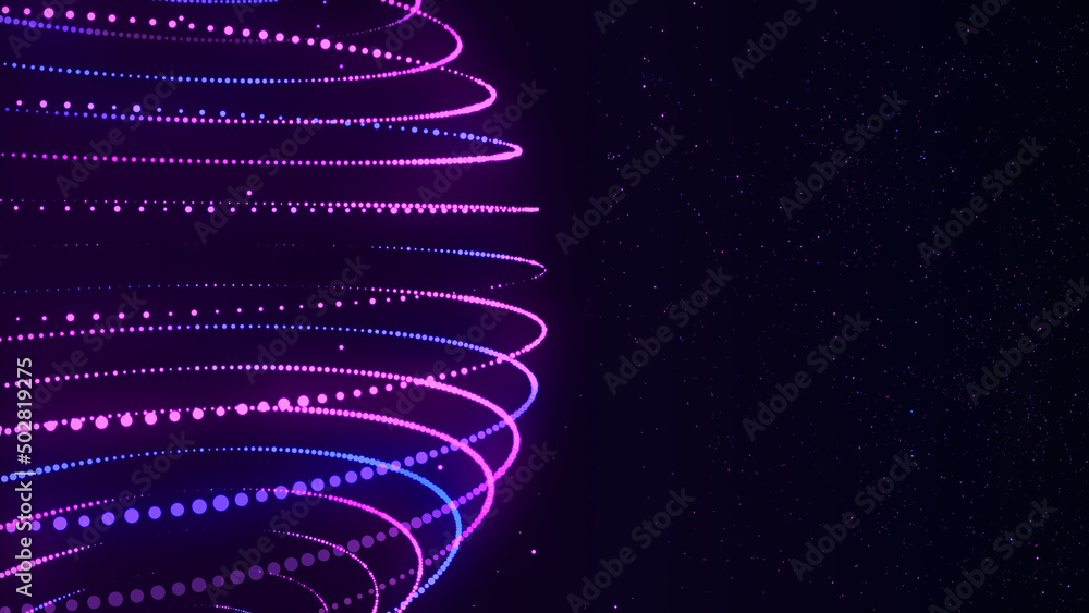 Poster 3d sphere of purple and blue neon dots. the sphere of frame technologies. futuristic grid of the glo