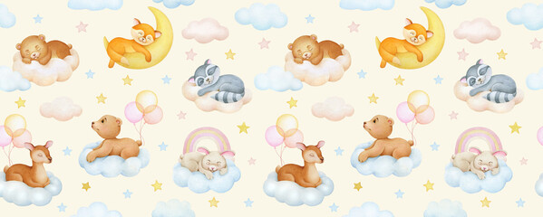 Cute dreaming cartoon animal hand drawn watercolor illustration. Seamless pattern.  Raccoon, fox, bear, deer, bunny