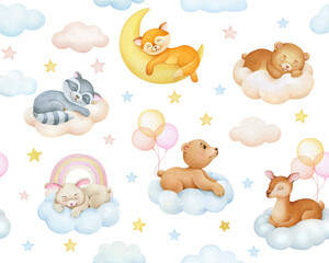 Cute dreaming cartoon animal hand drawn watercolor illustration.  Raccoon, fox, bear, deer, bunny.  Seamless pattern