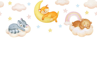 Cute dreaming cartoon animals hand drawn watercolor illustration.  Raccoon, fox, bear. seamless border