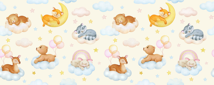 Cute dreaming cartoon animal hand drawn watercolor illustration. Seamless pattern.  Raccoon, fox, bear, deer, bunny