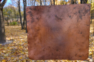 Empty copper plate on the autumn park background. Copy space.