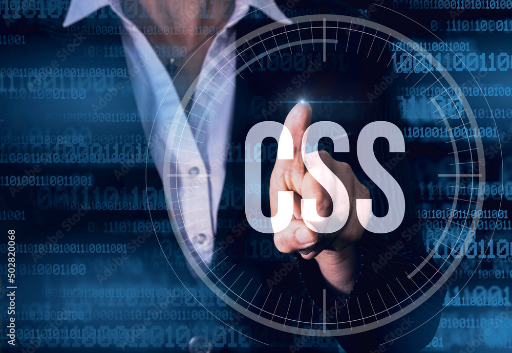 Poster business woman with finger pressing css button on virtual screens. modern technology concept.
