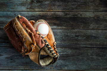 Leather Baseball or Softball Glove With Ball and Copy Space