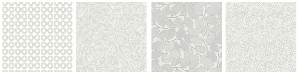 Seamless patterns set with elm tree branches and leaves on light background for surface design, wallpaper, fabrics, home decor. Monochrome pastel realistic line art