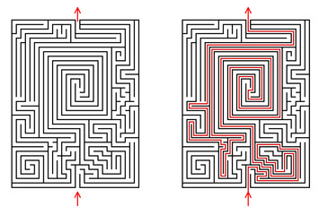 Vector rectangular labyrinth with entry and exit. Difficulty level - hard. Maze with solution - red passing route. Children logic game for brain training isolated on white background. - obrazy, fototapety, plakaty