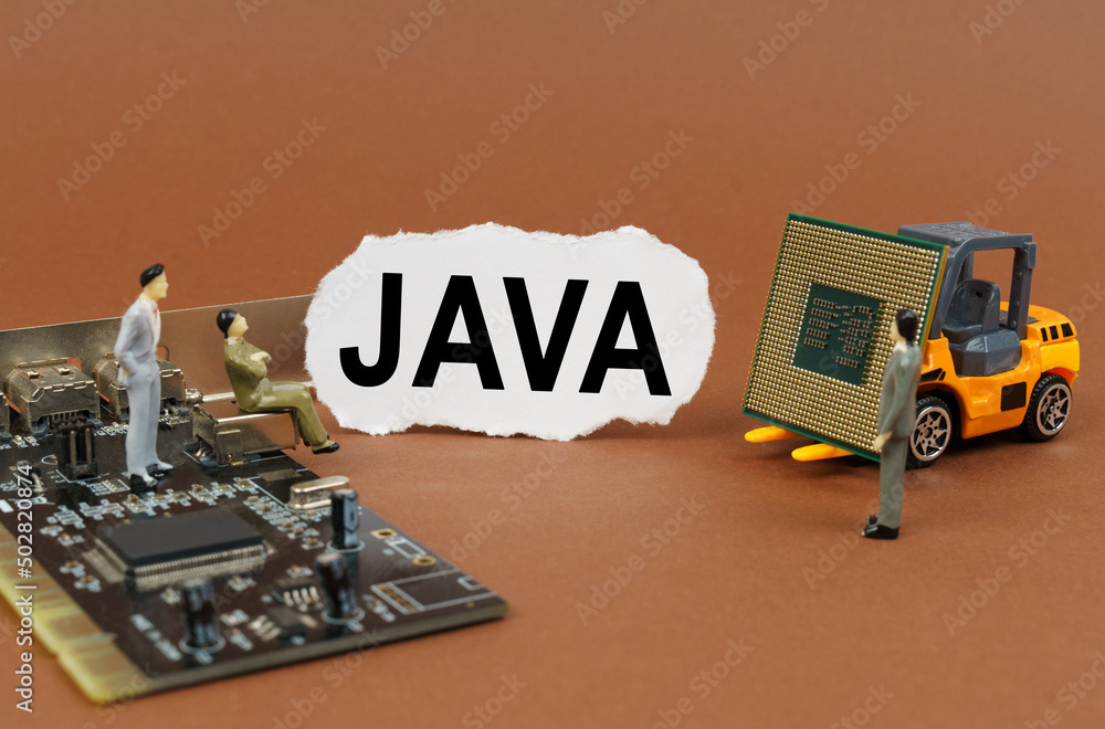 Poster on a brown background, a loader, a processor, a microcircuit, figures of people and paper with the i