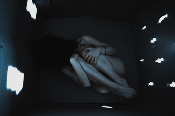 claustrophobia. Young woman with claustrophobia in a box. Fear of claustrophobia. This box is too small. Shocked young woman sitting in a cardboard box. Agoraphobia of mental illness. - obrazy, fototapety, plakaty