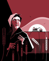 A female collective farmer with a spikelet of wheat. Vector illustration.