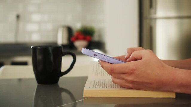 Close up of female hands holding smartphone. Happy woman enjoy online chat, internet purchase, browse web, download new cool freeware application. Prores.