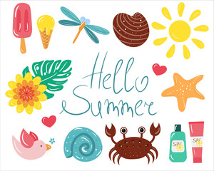 Summer icon set with crab, fruits, ice cream. Hand draw cartoon elements. Flat vector illustration