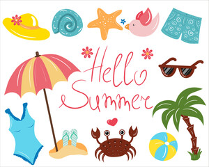 Fototapeta na wymiar Summer icon set with crab, fruits, ice cream. Hand draw cartoon elements. Flat vector illustration
