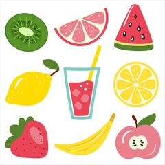 Fruit set flat vector illustration, design elements, icons. Isolated objects on white background. Templates for posters, party invitations, stickers, cards, gift.