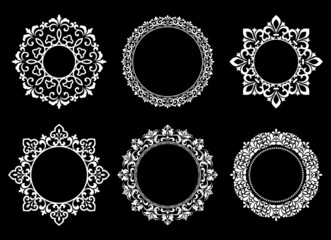 Set of decorative frames Elegant vector element for design in Eastern style, place for text. Floral black and white borders. Lace illustration for invitations and greeting cards.