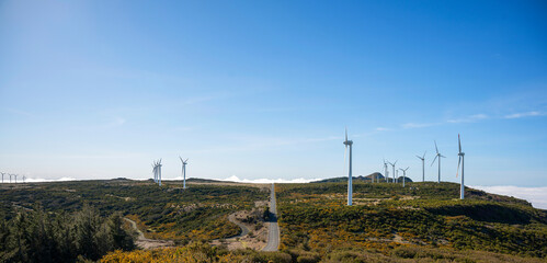 General view of wind turbines in countryside