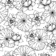 Lotus flower sketch. Seamless pattern. Vector illustration. Tattoo print. Hand drawn illustration for t-shirt print, fabric and other uses.