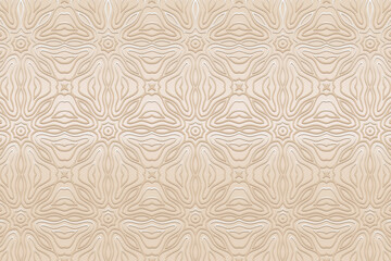 Minimalistic satin embossed light background, exotic cover design. Geometric fantasy 3D pattern, ethnic texture in hand drawn style. Oriental, Asian, Indian, Mexican, Aztec, Peru motifs.