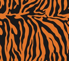 Tiger pattern vector seamless print, black stripes on orange background, stylish design.