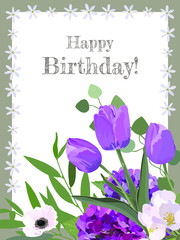 Happy Birthday! Frame from a bouquet with flowers Anemone, Hydrangea, Tulips. Vector stock illustration eps10.