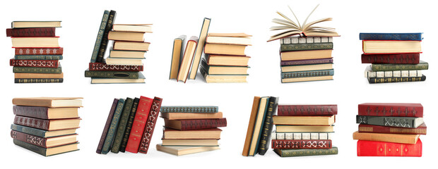 Collection of different hardcover books on white background. Banner design