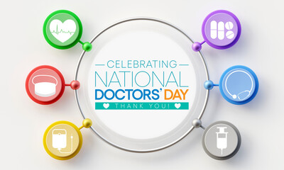 National Doctors' Day is a day celebrated to recognize the contributions of physicians to individual lives and communities. The date may vary from nation to nation. 3D Rendering