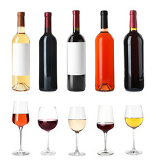 Set with bottles and glasses of different delicious expensive wines on white background