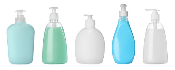 Set with different bottles of liquid soap on white background. Banner design