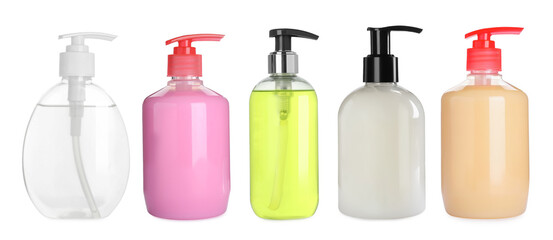 Set with different bottles of liquid soap on white background. Banner design