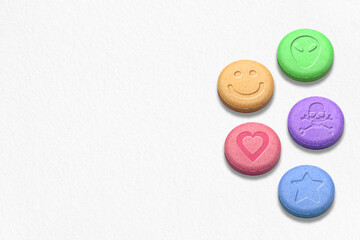 MDMA or Ecstasy pills with copy space on white background