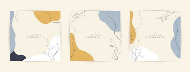 Modern abstract background. Social media stories and post creative Vector set. cover, invitation, banner, placard, brochure, poster, card, flyer and other. Tropical leaves warm color of the earth tone