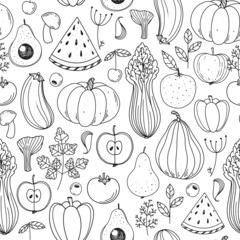 Vegetables and fruits seamless pattern. Scandinavian style illustration. Minimalist design. Hand drawn vector illustration. Healthy organic food.