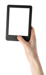 Woman using e-book reader on white background, closeup