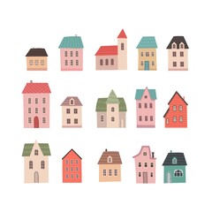 Set of small cute houses. Cartoon buildings icons. Tiny home collection in hand draw style isolated on white background. Flat design.