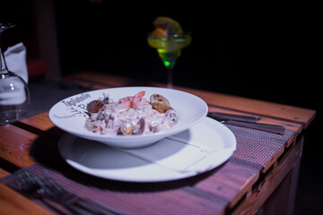 Seafood pasta dish on the table