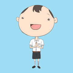 child with a smile, Thai student, student, pay respect,Sawatdee, cartoon and painting,student child with smile to pay respect