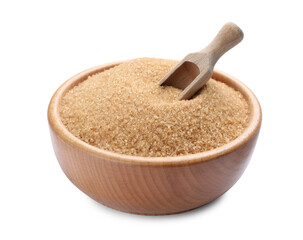 Brown sugar and scoop in wooden bowl isolated on white