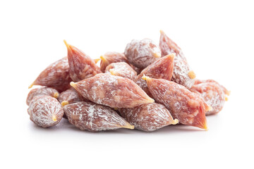 Traditional sausage with white mold. Dried pork salami isolated on white background.