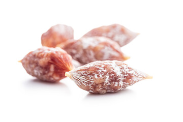 Traditional sausage with white mold. Dried pork salami isolated on white background.