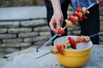 Vegetables fried on coals. Grilled vegetables. Grilled bell pepper. Grilled mushrooms.