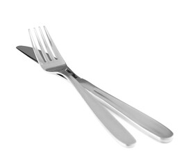 Shiny fork and knife on white background