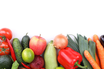 Heap of fresh ripe vegetables and fruits on white background, top view