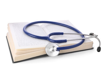 Open student textbook and stethoscope on white background. Medical education