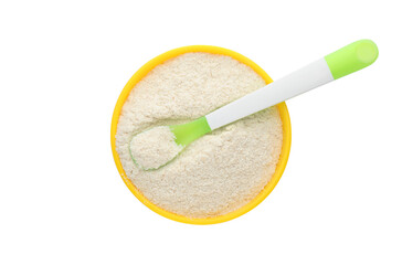 Fototapeta na wymiar Dry healthy baby food in bowl on white background, top view