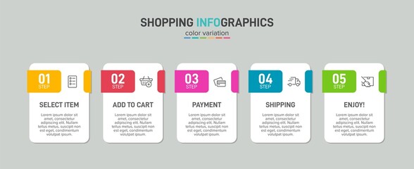 Concept of shopping process with 5 successive steps. Five colorful graphic elements. Timeline design for brochure, presentation, web site. Infographic design layout.